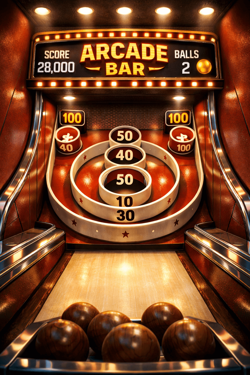 Arcade Bar skee-ball lane with score display and target rings